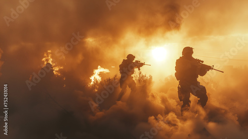 Army Soldiers in the Fog Against a Sunset, Marines Team in Action, Surrounded Fire and Smoke, Shooting With Assault Rifle and Machine Gun, Attacking Enemy, Ai Generated Image