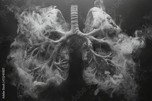 smoke and cigarettes inside the lungs, in the style of photorealistic still life, chalky, shaped canvas, bio-art, light white and dark gray, ad posters. Generative AI