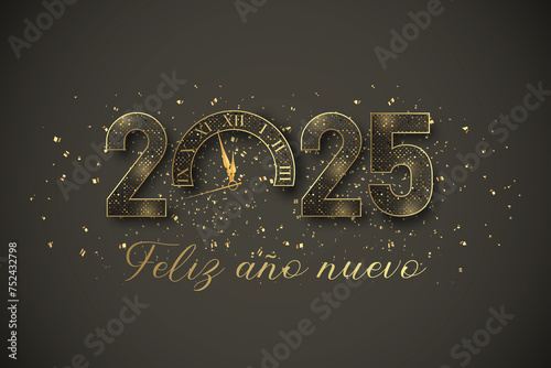Tarjeta o diadema para desear un feliz año nuevo 2025 en gris y dorado El 0 se sustituye por un reloj sobre fondo gris con purpurina dorada