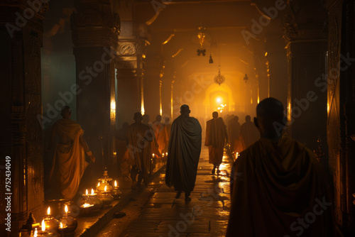A ceremonial procession, with priests bearing sacred artifacts through the dimly lit corridors of an ancient temple.