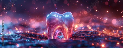 a tooth with some blue and red highlights, in the style of dynamic energy flow, photo-realistic landscapes, matte background, detailed anatomy. Generative AI
