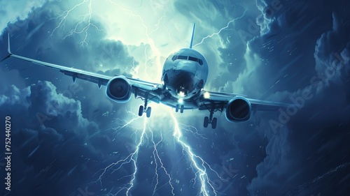 Sleek airplane advancing through lightning strike - A frontal view of a commercial airplane navigating through intense lightning showcasing the power of technology over nature