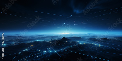 Futuristic technology background with glowing lines and particles, blue technology background with a connected blue network, AI generated illustration of An abstract composition of interconnected blue