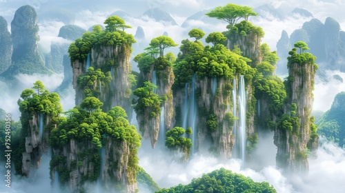 Enchanting aerial view of surreal floating islands with mystical flora and fauna