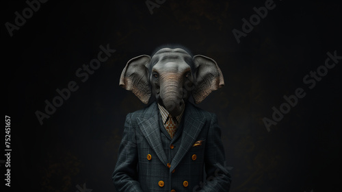 An elegant pachyderm in formal attire stands out against sleek black background