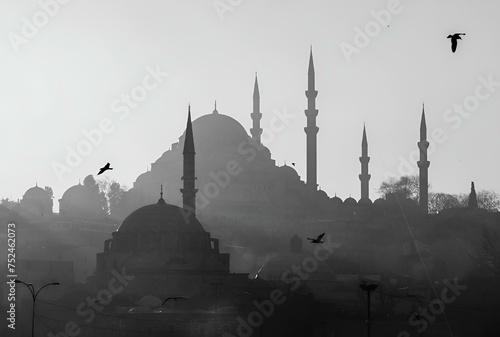 Monochrome shot of a mosque with minarets