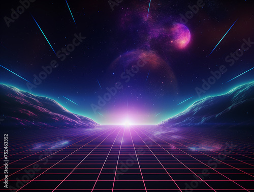 Futuristic retro landscape of the 80`s. Vector futuristic illustration of sun with mountains in 90s retro style. Digital Retro Cyber Surface. Suitable for design in the style of the 1980`s.