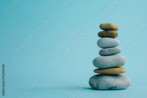 Zen-like stack of smooth pebbles against a tranquil blue background, representing balance and harmony.