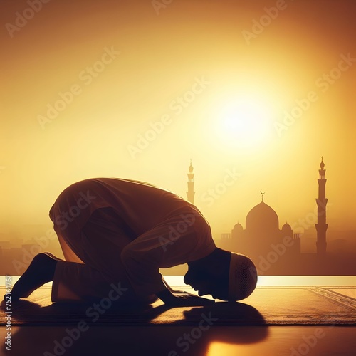 Silhouette of a Muslim praying in prostration.