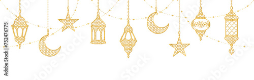 Ramadan golden decoration. Hanging lanterns, crescents, stars. Islamic celebration border. Traditional eastern ornaments, lamps isolated on white. Muslim holidays garland. Vector