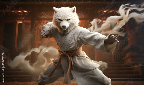 Realistic portrayal of a white fox with kung fu prowess a character study in strength and agility
