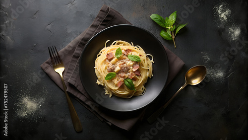 Plano cenital de un delicioso plato de pasta carbonara. Plano negro con pasta itialiana blanca. Espaguetis a la carbonara sobre fondo negro. 