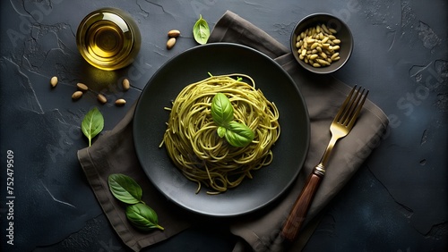 Plano cenital de espaguetis al pesto sobre plano negro. Receta de pasta italiana al pesto. Pasta verde con aceite de oliva sobre mesa elegante.