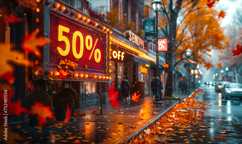 Autumn sale concept with a vibrant 50% off sign amidst falling leaves, portraying seasonal discounts in a cheerful, colorful shopping district