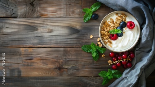 Miska jogurtu z jagodami i liśćmi mięty ze zwiniętym obrusem na panelach drewnianych