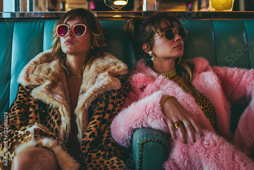 Stylish young women in flashy fur coats and sunglasses embracing mob wife