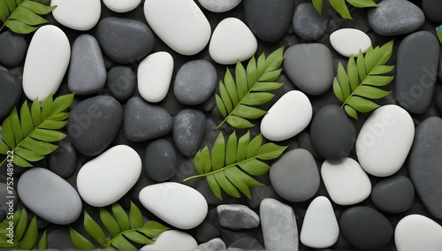 Let your mind wander through a landscape of intricate patterns and textures, as black and white stones intertwine with delicate green leaves, creating a visually diverse and captivating background.