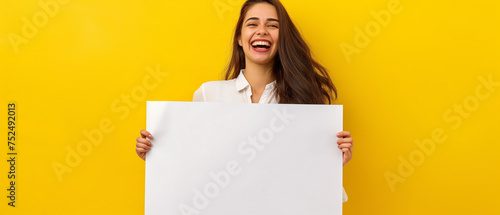 Mulher sorrindo segurando uma placa em branco isolada no fundo amarelo