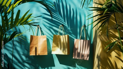 Trzy torby na zakupy wisi na ścianie obok palmy w tropikalnym klimacie. Torby są wykonane z papieru w naturalnym kolorze.