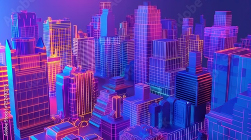Duże cyfrowe miasto wypełnione wysokimi budynkami w stylu neon cyberpunk