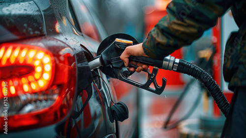 Close-up of a man refueling a car using a gas pump at a service station.