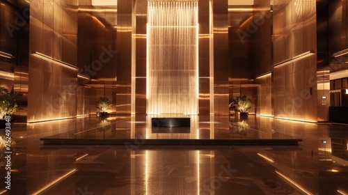 A huge stainless steel metal square in the center of the hotel lobby 