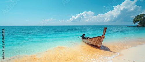 Turquoise Waters Boat on Beach with Sky and Sand seaview beautiful background banner