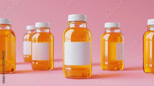 Na różowym tle widoczny jest rząd butelek wypełnionych płynem, z pustymi etykietami. Butelki te są ułożone obok siebie w regularny sposób.