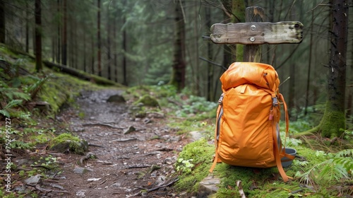 Plecak o pomarańczowym kolorze leży na szczycie bujnego lasu. Położony niedaleko słupka wskazującego szlak w lesie.