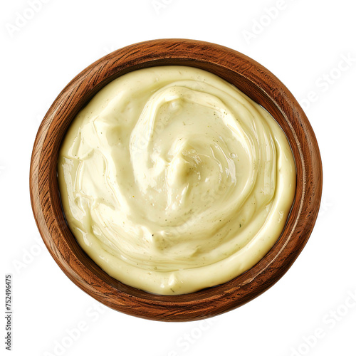 Top view of wasabi aioli dip in a wooden bowl on white or transparent background