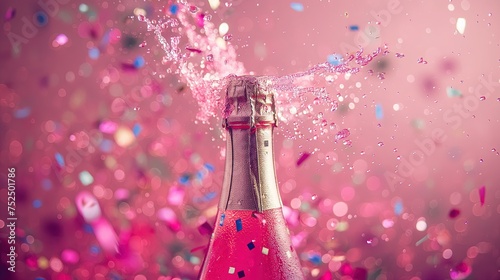 Champagne z konfetti na różowym tle