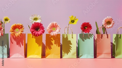 Rząd kolorowych torb zakupowych z kwiatami