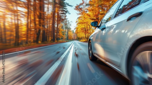 Samochód porusza się po drodze otoczonej jesiennym lasem, gdzie w tle widoczne są drzewa. Scena ukazuje dynamikę ruchu na drodze w otoczeniu przyrody.