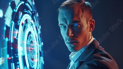 Mężczyzna z cyber okiem w garniturze i krawacie stoi przed zegarem, patrząc na wskazówki. Scena ma charakter profesjonalny i formalny.