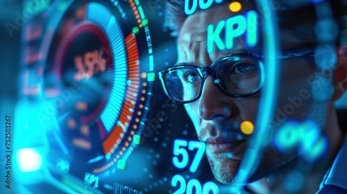 Mężczyzna w okularach patrzący na futurystyczny wyświetlacz KPI