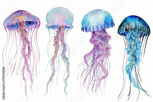 Set of colorful jellyfish swimming marine creatures watercolor vector Illustrations