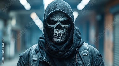  a man in a black hoodie with a skull on his face and a black hoodie over his face.
