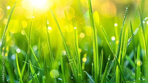  a close up of grass with dew on the grass and the sun shining down on the grass in the background.