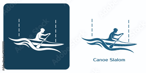 Canoe slalom icons. Emblem of Athlete in kayak paddling and navigating through waves and slalom gates.