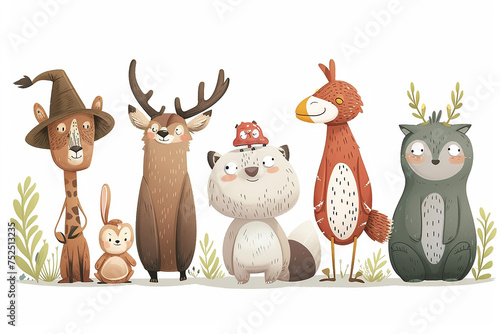 Woodland hand drawn animals character cartoon watercolor on the forest illustration