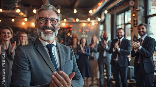 Senior executive clapping joyfully at a company event with a bright bokeh background.