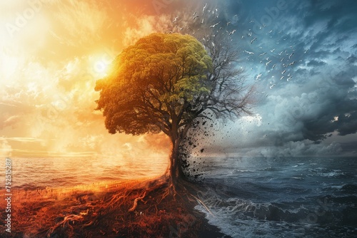 A half-scorched tree stands as a stark dichotomy between a stormy sea and a calm sunset, representing life's contrasts