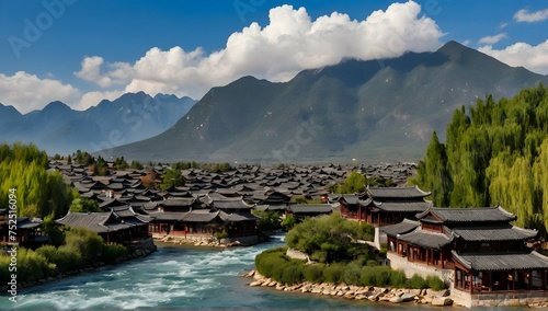 "Experience the unique charm of Lijiang's famous tourism scenery, where the majestic blue mountains tower over the picturesque villages and winding rivers below."