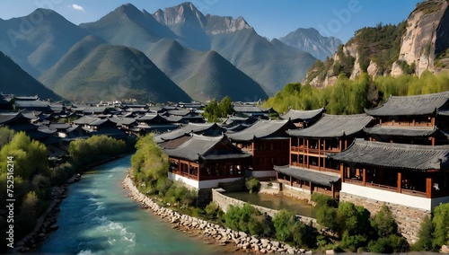 "Experience the unique charm of Lijiang's famous tourism scenery, where the majestic blue mountains tower over the picturesque villages and winding rivers below."