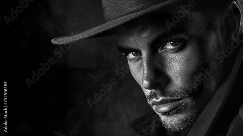 A man in a hat displays an intense look in an aura of mystery and determination. Man with a deep countenance of emotions and thoughts in a dark gray tone.