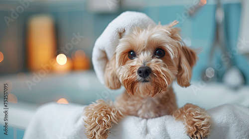 Concept of pet spa relaxation with a dog enjoying a soothing bubble bath