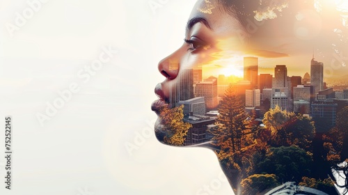 A double exposure combines the face of a man and the high-rise buildings of a large city at sunset. Panoramic view. Illustration for cover, card, interior design, poster, brochure or presentation.