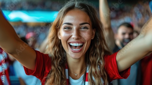 A crowd of fans in the stadium joyfully watches the soccer game, entertained by the players' gestures, smiling and having fun. AIG41