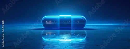 Concept for Future Healthcare - AI-Enhanced Medicine Pill. Integration of artificial intelligence in development of future healthcare and advanced treatments. Banner with copy space
