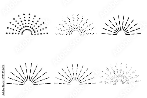 Retro sun burst with lines icons. Half circle with radial rays. Starburst with sunrise. Vintage elements and sparks. Vector hand drawn starburst collection. Set of light ray. Vector illustration